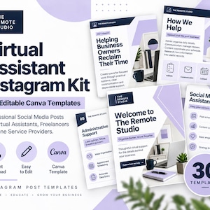 May include: A digital marketing kit titled Virtual Assistant Instagram Kit featuring 30 editable Canva templates. The design uses a white and light purple color scheme with text detailing services for business owners and freelancers.