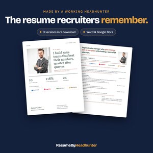 Op de afbeelding: Een digitale cv-sjabloonset bestaande uit twee witte pagina's met zwarte tekst, een professionele portretfoto en datavisualisaties. De tekst luidt: The resume recruiters remember. Made by a working headhunter. 3 versions in 1 download.