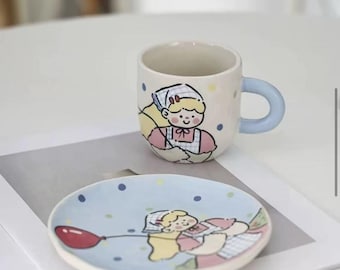 A Little Cup of Happiness, Whimsical Ceramic Mug and Saucer Set, Cozy Morning Ritual, Sweet Gift for Her