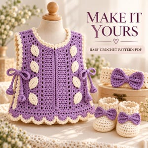 Könnte beinhalten: Eine violette Häkelweste mit cremefarbenen Blattapplikationen, seitlichen Bindebändern und gewelltem Saum, dazu ein passendes Stirnband und Babyschuhe mit violetten Schleifen. Text: MAKE IT YOURS und BABY CROCHET PATTERN PDF.