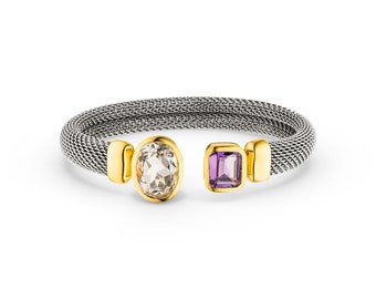 flexibler Armreif MIX Bergkristall / Amethyst (Sterling Silber 925 / Edelstahl)