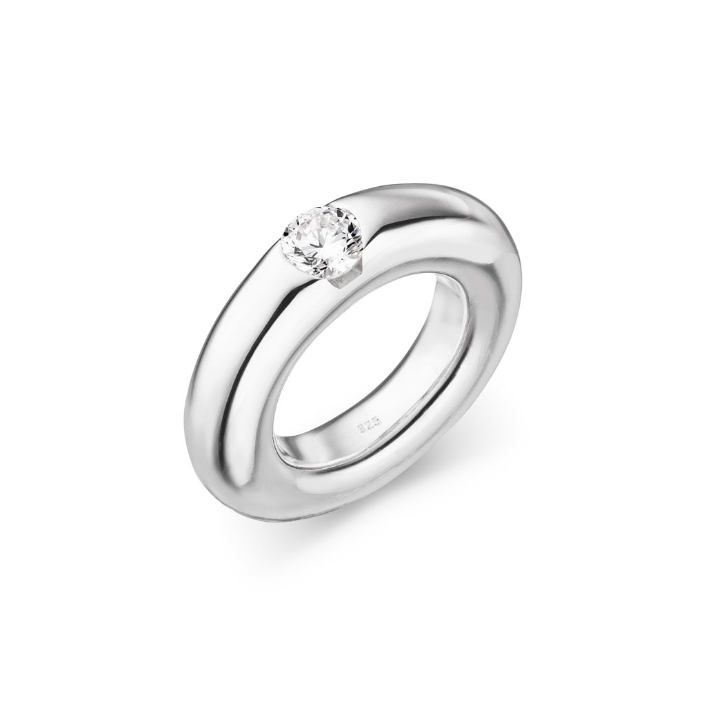 massive heavy silver ring with zirconia stone - goldsmith work (sterling silver 925) 7 mm wide - clamping ring optic - ladies ring