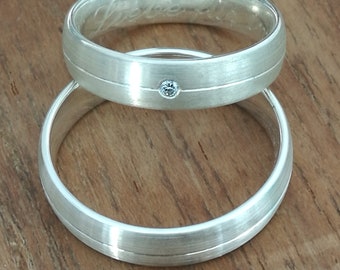 2 Bagues en Argent travail d'orfèvre (Argent Sterling 925) une Bague avec Diamant - Bagues partenaires Bagues de mariage Bagues d'amitié