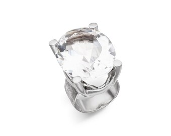 Bergkristall Ring "Prongs" 28x22 mm (Sterling Silber 925) mit Wert-Expertise