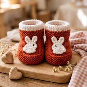 Könnte beinhalten: Ein Paar rostorange gestrickte Babyschuhe mit weißem Rippbündchen und einer weißen gehäkelten Hasenapplikation auf der Vorderseite jedes Schuhs. Die Schuhe sind zusammen mit zwei kleinen Holzherzen und Trockenblumen arrangiert.