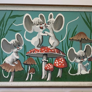 peinture PBN vintage par numéro souris blanches amanites champignons de jardin rongeurs mignons jardin manigances amusantes décoration de chambre d'enfant des années 60 mignon pop art image 3