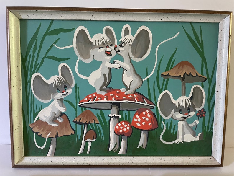 peinture PBN vintage par numéro souris blanches amanites champignons de jardin rongeurs mignons jardin manigances amusantes décoration de chambre d'enfant des années 60 mignon pop art image 3