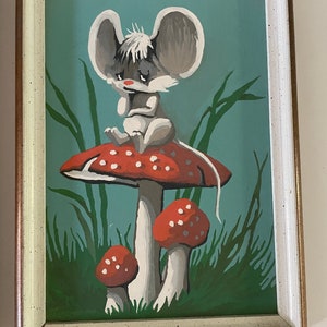 peinture PBN vintage par numéro souris blanches amanites champignons de jardin rongeurs mignons jardin manigances amusantes décoration de chambre d'enfant des années 60 mignon pop art image 4