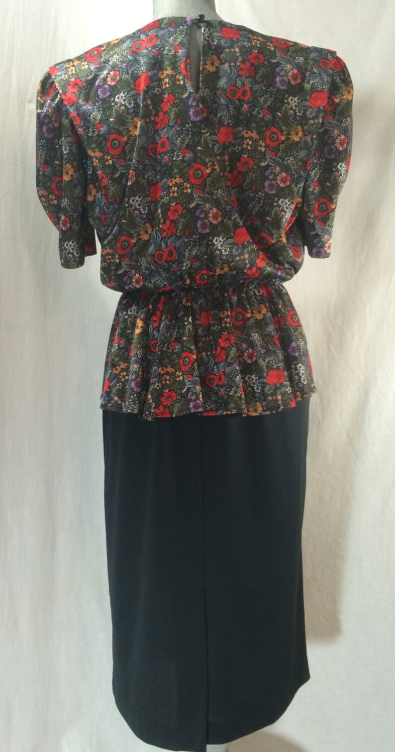 80s Peplum Dress Business Casual 40s Inspired Floral Black | Etsy