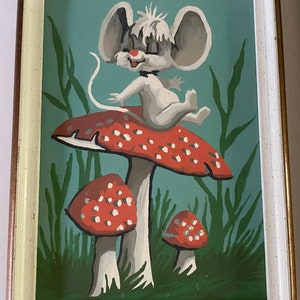 peinture PBN vintage par numéro souris blanches amanites champignons de jardin rongeurs mignons jardin manigances amusantes décoration de chambre d'enfant des années 60 mignon pop art image 5