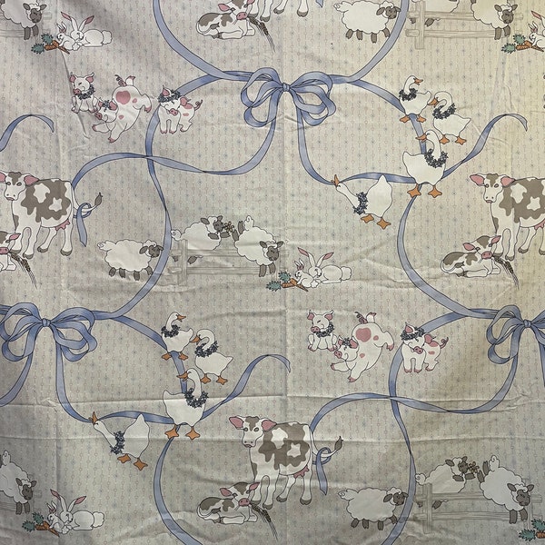 cute Farm happy animals twin flat sheet ducks rabbits lambs cows pigs blue ribbon country cottage adorable linens bedding 80s bedroom