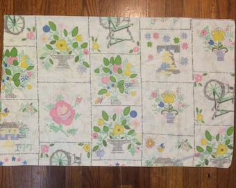 cross stitch print pillowcase Americana spinning wheel bell flowers 70s bedroom cute stitch style soft vintage prairie shabby chic
