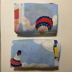 Hot Air balloon twin sheet set fitted flat colorful bright kids retro room decor fabric floating basket clouds blue sky pointillism AS IS