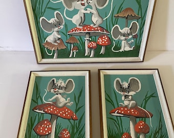 peinture PBN vintage par numéro souris blanches amanites champignons de jardin rongeurs mignons jardin manigances amusantes décoration de chambre d'enfant des années 60 mignon pop art