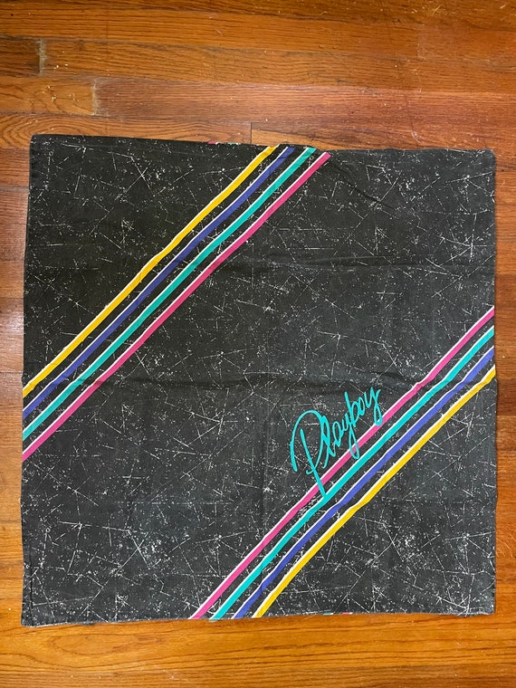 Playboy magazine 80s pillow sham case large square 30 x 30 inches 4 button opening Eighties design writing colors acid wash 80s home decor