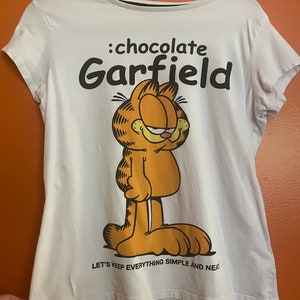 Garfield t-shirt form fitting girly tee Paws inc :chocolate lets keep everything simple and neat orange cat juniors Large white stretchy