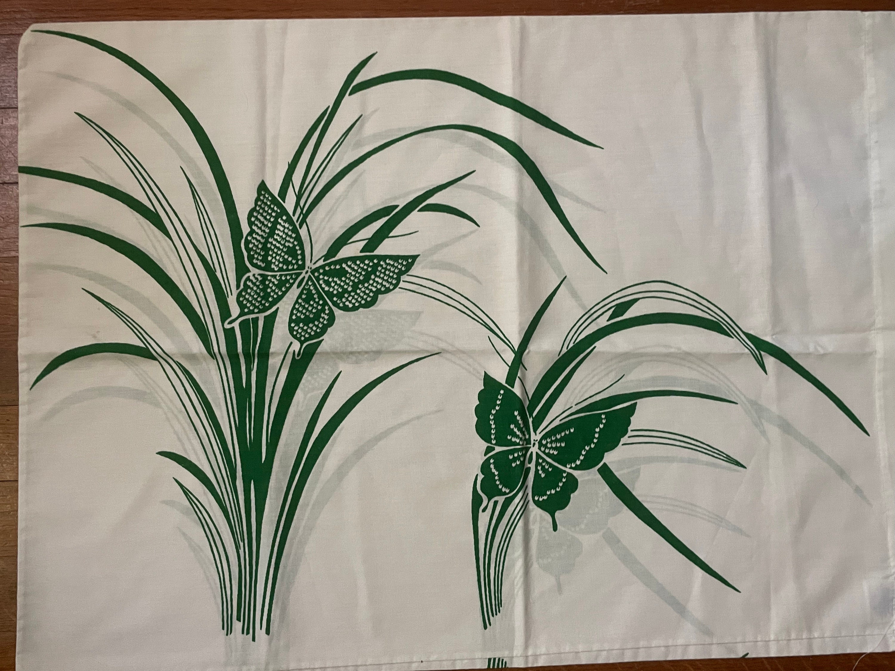 green butterfly grass pillowcase pillow case nature theme decor botany AS IS small stains 70s bedroom bedding vintage linens bugs flowers