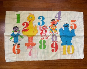 Sesame Street pillowcase numbers The count Cookie Monster Big bird Good vintage shape one spot Muppets Jim Henson 1970s kids bedding linens
