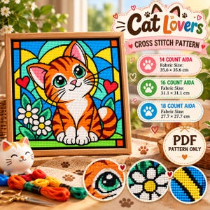 Cute Orange Cat Cross Stitch Pattern PDF, Colorful Kitten with Flowers and Hearts, Stained Glass Cat Embroidery Chart, Counted Cross Stitch