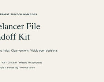 Op de afbeelding: Een digitaal document getiteld Freelancer File Handoff Kit door Passive Experiment / Practical Workflows. Het bevat een gids van 6 pagina's, A4- en US Letter-formaten, bewerkbare tekstsjablonen, een voorbeeld en geen code.