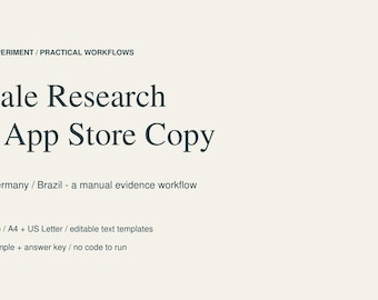 Op de afbeelding: Een digitaal document getiteld Passive Experiment / Practical Workflows: Locale Research For App Store Copy. Het vermeldt Japan, Duitsland, Brazilië, een gids van 6 pagina's, A4- en US Letter-formaten, bewerkbare sjablonen en een antwoordsleutel.