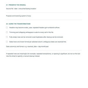 Op de afbeelding: Een wit werkblad met de titel CSV CLEANUP KIT / WORKSHEET 1. Het bevat de tekst Plan before you clean, gevolgd door instructies voor CSV-exports, inclusief de secties PRESERVE THE ORIGINAL en AGREE THE TRANSFORMATIONS.