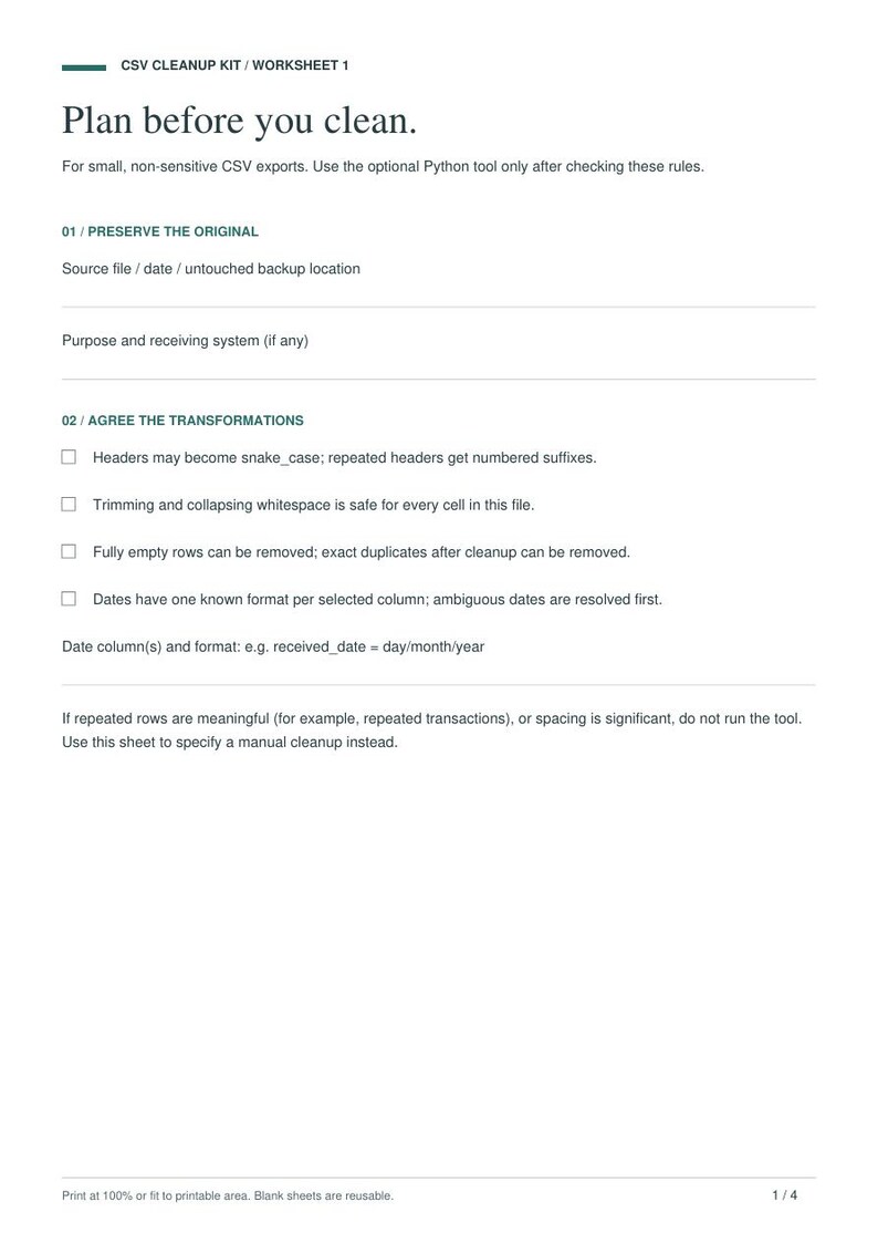 Op de afbeelding: Een wit werkblad met de titel CSV CLEANUP KIT / WORKSHEET 1. Het bevat de tekst Plan before you clean, gevolgd door instructies voor CSV-exports, inclusief de secties PRESERVE THE ORIGINAL en AGREE THE TRANSFORMATIONS.