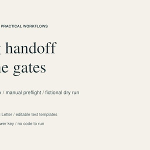Może przedstawiać: Dokument zatytułowany Passive Experiment / Practical Workflows, Billing handoff, Plan the gates. Zawiera listę: Stripe source matrix, manual preflight, fictional dry run, 6-page guide, A4 + US Letter, editable text templates, worked example + answer key.