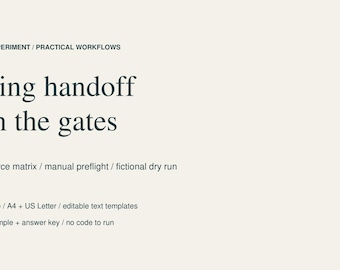 Op de afbeelding: Een document getiteld Passive Experiment / Practical Workflows, Billing handoff, Plan the gates. Het bevat de lijst: Stripe source matrix, manual preflight, fictional dry run, 6-page guide, A4 + US Letter, editable text templates, worked example + answer key.
