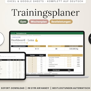 Könnte beinhalten: Ein digitaler Trainingsplaner als Vorlage für Excel und Google Sheets, dargestellt auf einem Laptop- und Tablet-Bildschirm. Die Benutzeroberfläche zeigt ein Dashboard für Lena, ein Trainingsprotokoll und eine Leistungsübersicht mit Texten.