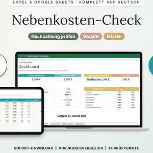 Könnte beinhalten: Eine digitale Tabellenvorlage für Excel und Google Sheets mit dem Titel Nebenkosten-Check. Die Benutzeroberfläche zeigt ein Dashboard mit Finanzdaten, einschließlich Kosten, Zahlungen und einem Guthaben von 144 Euro, sowie ein Tablet mit Details.