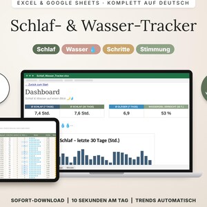 Schlaf und Wasser Tracker Excel & Google Sheets deutsch, Schlaftagebuch, Trinkplan, Habit Tracker 2027, Gesundheit Tabelle