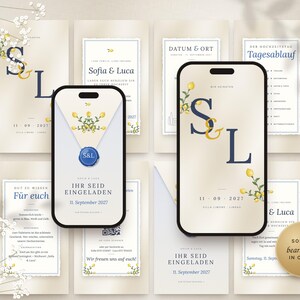 Könnte beinhalten: Eine digitale Hochzeitseinladungsvorlage mit Zitronenzweig-Illustrationen, dunkelblauer und goldener Typografie sowie den Initialen S und L. Das Design umfasst mehrere Layouts auf zwei Smartphones und verschiedenen rechteckigen Karten auf cremefarbenem Grund.