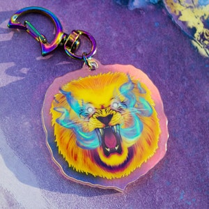 Holographic Snarling Rainbow Lion Charm | Keychain Animal Smoke Angry Holo Double Sided Moon Neon