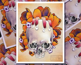 Skull Hand Print | Body Horror | Art Print | Illustration | Skulls | Flowers | Flower Petals | Sunset