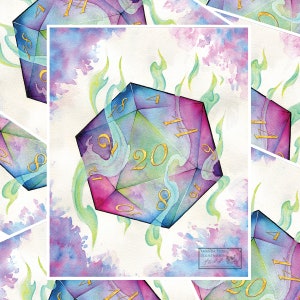 Watercolor D&D Dice Print | Gold Leaf | DnD | D20 | Critical Role | Dungeons and Dragons