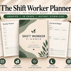 May include: The Shift Worker Planner is a 16-page undated digital organizer featuring a cover with green leaf graphics and text. It includes templates for a monthly overview, weekly planner, paycheck budget, and sleep tracker in A4, A5, and US Letter sizes.