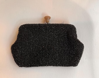 Vintage Black Beaded Wristlet,Satin Lined Beaded Clutch,Amber Style Clasp