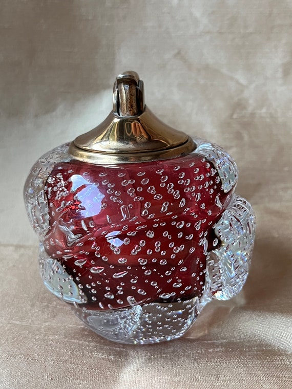 glass cigarette lighter 1950's Murano Controlled Bubble, Cranberry Glass, Including an Evans Cigarette Lighter,luxury Glass Art, Original Sticker glass cigarette lighter 1950's Murano Controlled Bubble, Cranberry Glass, Including an Evans Cigarette Lighter,luxury Glass Art, Original Sticker
