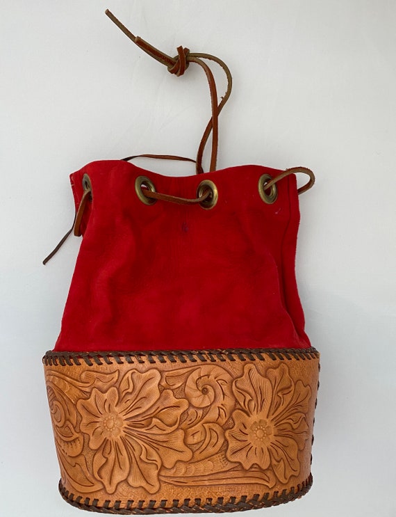 Vintage Red Boho Purse,Hand Tooled Leather, Embossed … Gem