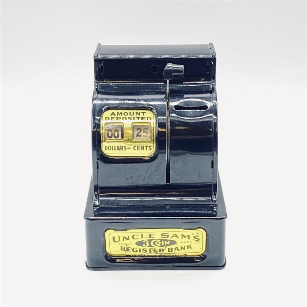 Uncle Sam Metal Cash Register, 3 Coin Bank, Durable Toy & Novelty Co