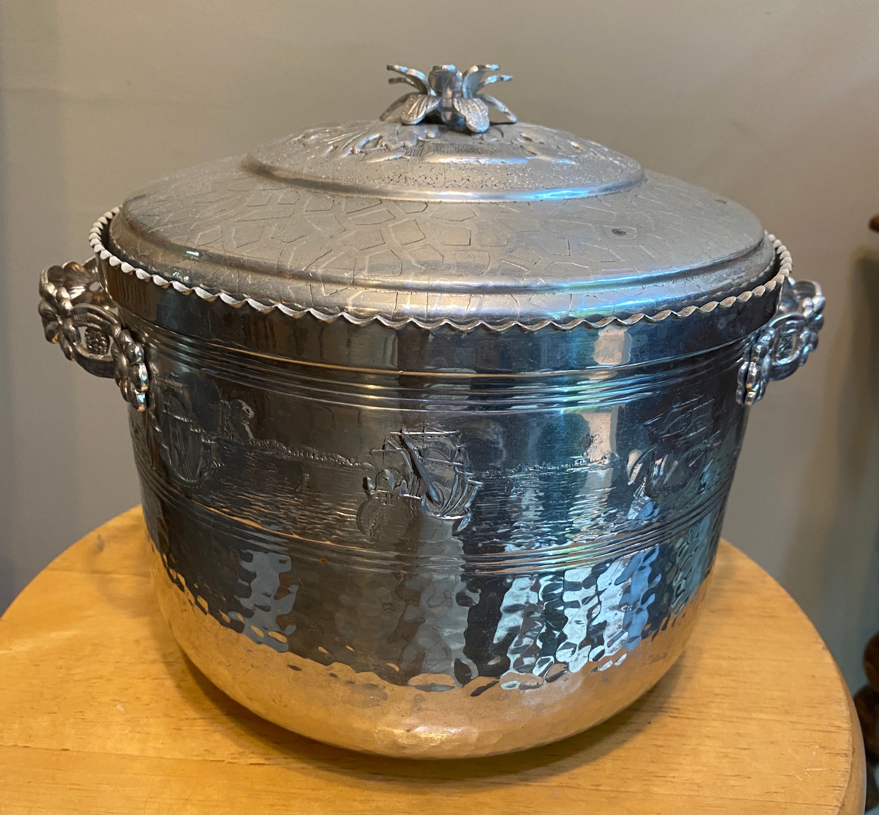 Hammered Aluminum Ice Bucket with Tongs and embossed drink recipes on