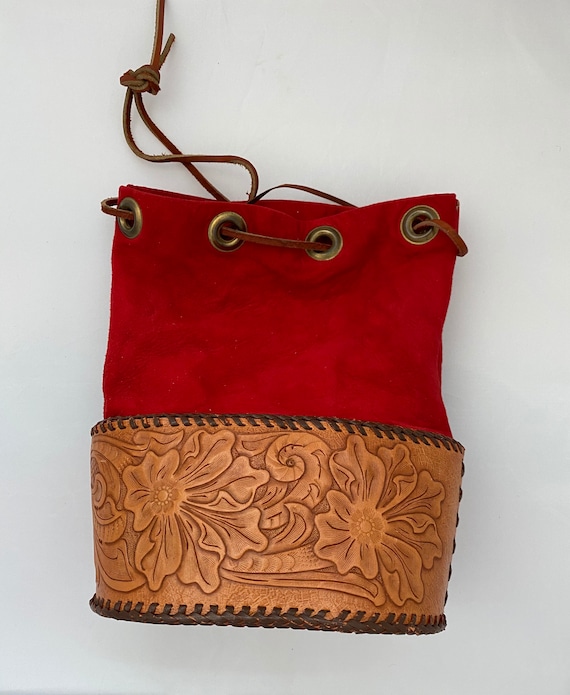 Vintage Red Boho Purse,Hand Tooled Leather, Embossed … Gem