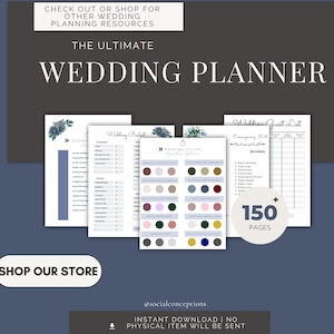 May include: A digital wedding planner with over 150 pages, featuring a wedding budget, guest list, emergency kit, and wedding color palette. The planner is available as an instant download.