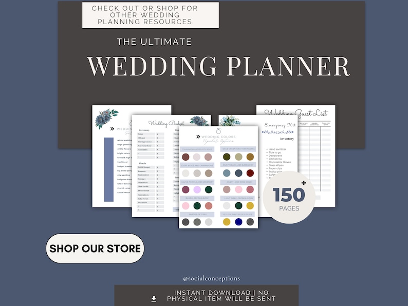 May include: A digital wedding planner with over 150 pages, featuring a wedding budget, guest list, emergency kit, and wedding color palette. The planner is available as an instant download.