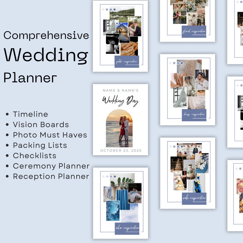 K&ouml;nnte beinhalten: Ein umfassender Hochzeitsplaner mit einer Checkliste der Punkte, die f&uuml;r eine Hochzeit zu planen sind. Der Planer enth&auml;lt Abschnitte f&uuml;r Zeitplan, Vision Boards, Fotos, die man unbedingt machen sollte, Packlisten, Checklisten, den Zeremonienplaner und den Empfangsplaner. Der Planer enth&auml;lt auch Inspirationsboards f&uuml;r Fotos, Kleider, Blumen, Farben und Kuchen.
