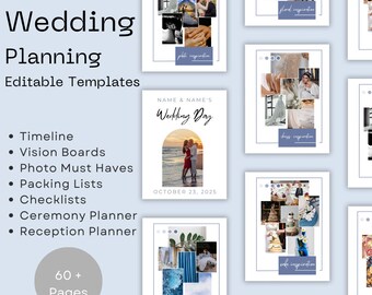 Ultimativer digitaler Hochzeitsplaner, Hochzeits-Timeline-Vorlage zum Herunterladen, bearbeitbare Canva-Vorlage, Packliste, Hochzeitsplaner-Mappe