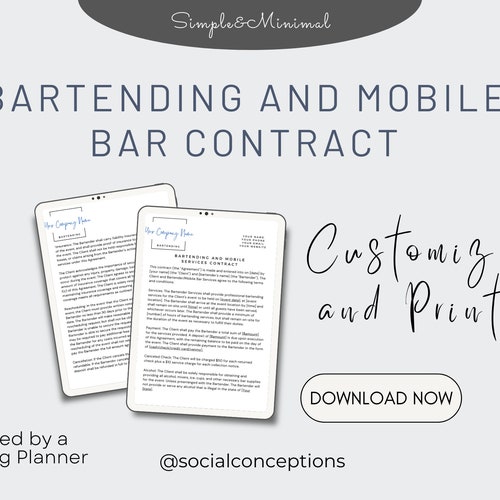 Mobile Bar Service Contract Template Bartending Editable Etsy
