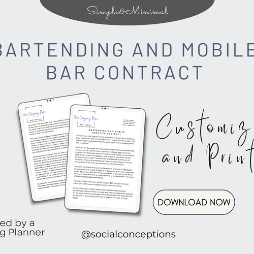 Mobile Bar Service Contract Template Bartending Editable Etsy