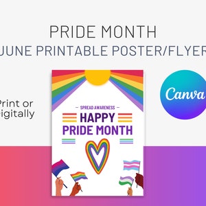 May include: A printable poster or flyer for Pride Month, featuring a rainbow flag, a heart, and the text "Spread Awareness - Happy Pride Month".